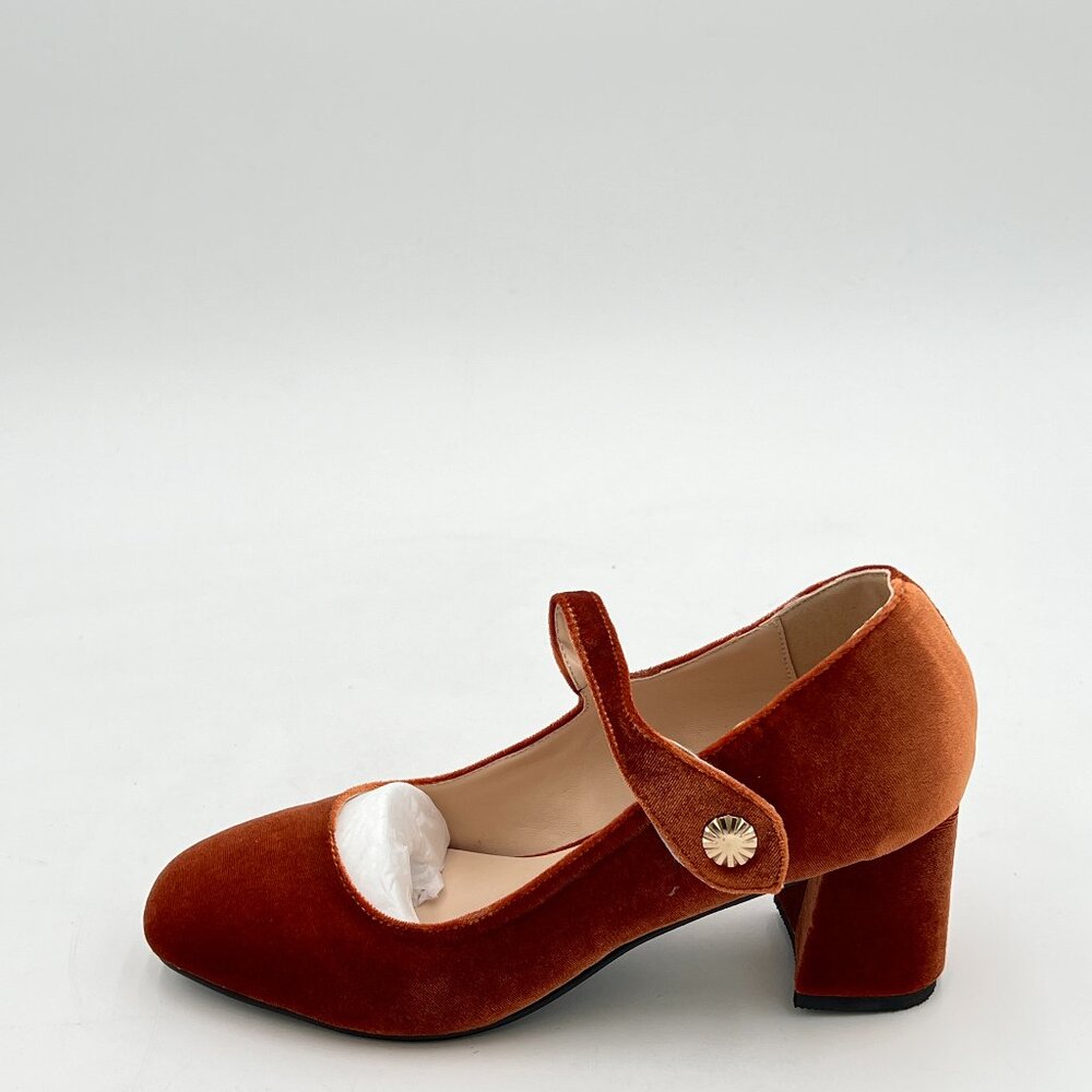 FSJ Rust Velvet Mary Jane Block Heel Pumps
